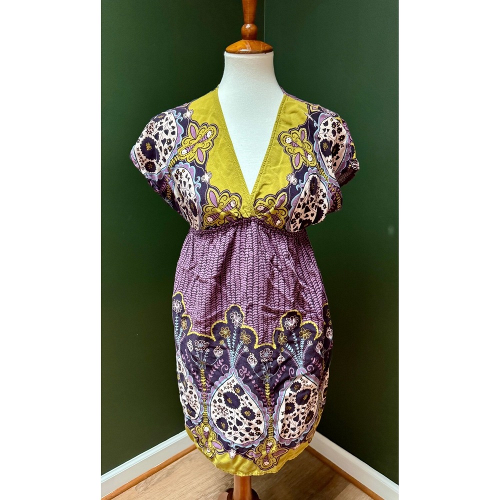Y2K Xhilaration Purple & Yellow Paisley Print‎ V-Neck Boho Mini Dress Women's S